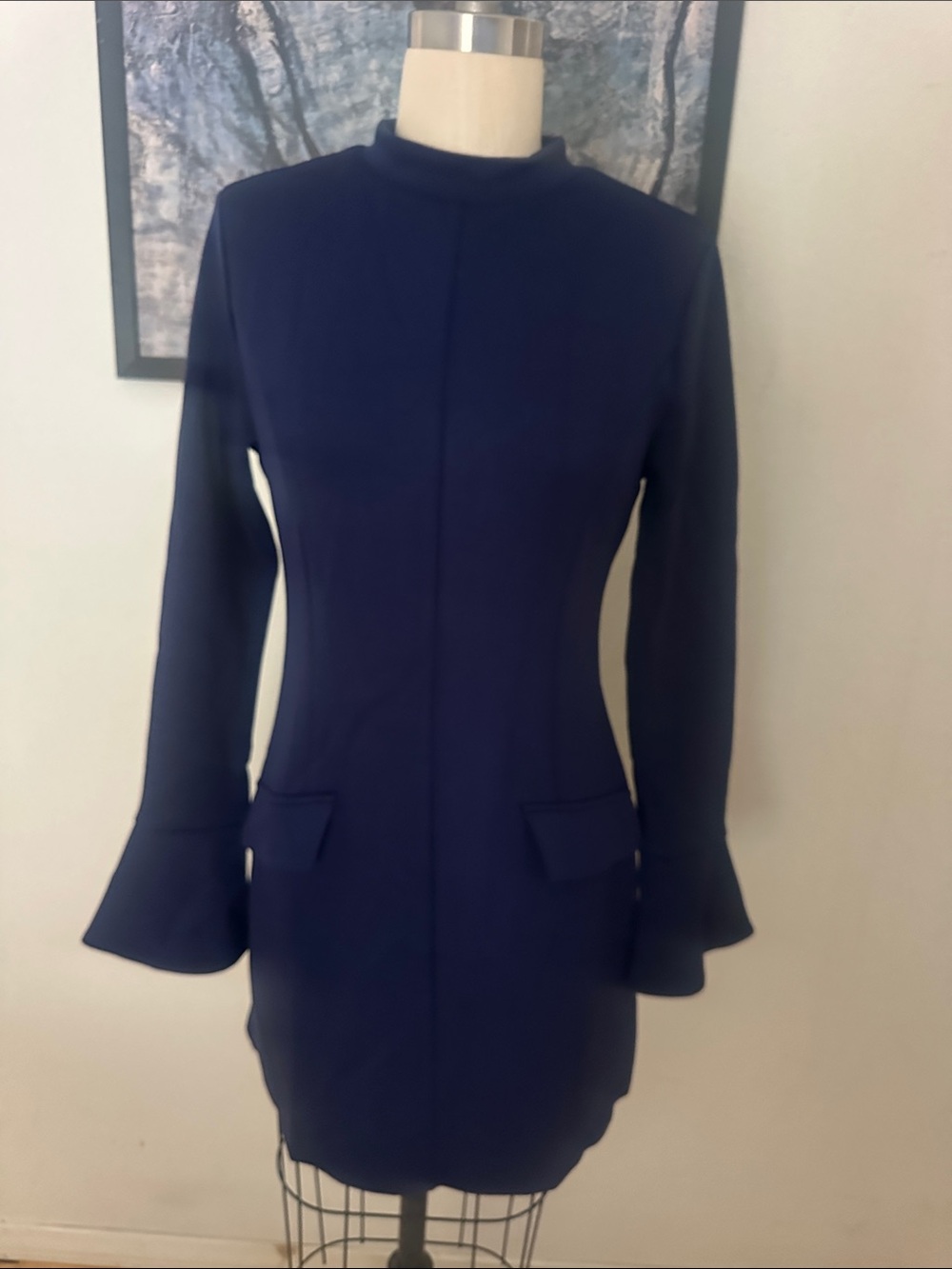 Tailored Navy Long-Sleeve Shift Dress with Flared Cuffs